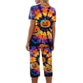 thumbnail image 6 of Women's Halloween Loungewear Set Short Sleeve V Neck Top and Capri Pants Tie Dye Pumpkin Pattern Relaxed Fit Sleepwear Pajama Set for Home Party Daily Wear Purple Pink 3XL, 6 of 6