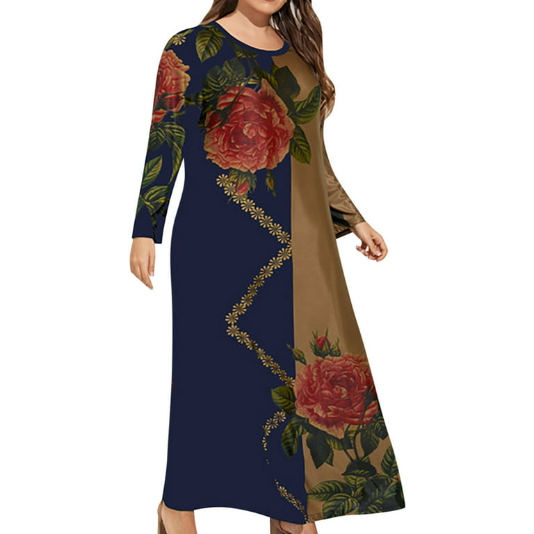 Plus Size Maxi Dresses for Women Vintage Floral Retro Dress Crew Neck Long Sleeve Kaftan Dress Belted Casual Oversized Dress Ladies Autumn Spring