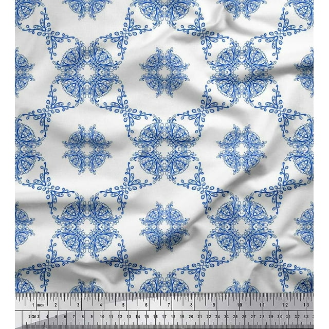 Soimoi Polyester Crepe Fabric Leaves & Floral Geometric Printed Fabric 1 Yard 42 Inch Wide