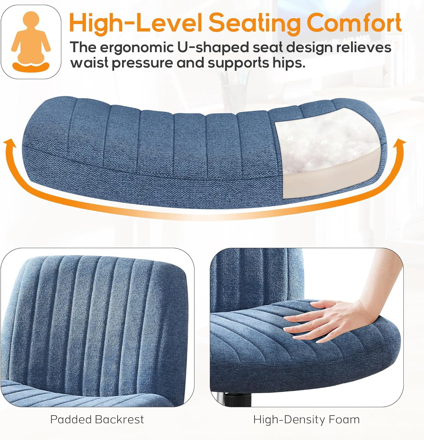 Criss Cross Chair, Cross Legged Office Chair, Wide Comfty Desk Chair, No Wheels Armless Computer Task Chair, Swivel Fabric Vanity Home Chair, Height Adjustable