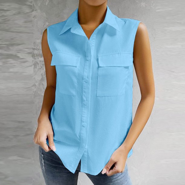 Fiudx Ofertas Del Día Blusas con Bolsillos y Botones Sin Mangas con Cuello Vuelto de Verano para Mujer a La Moda