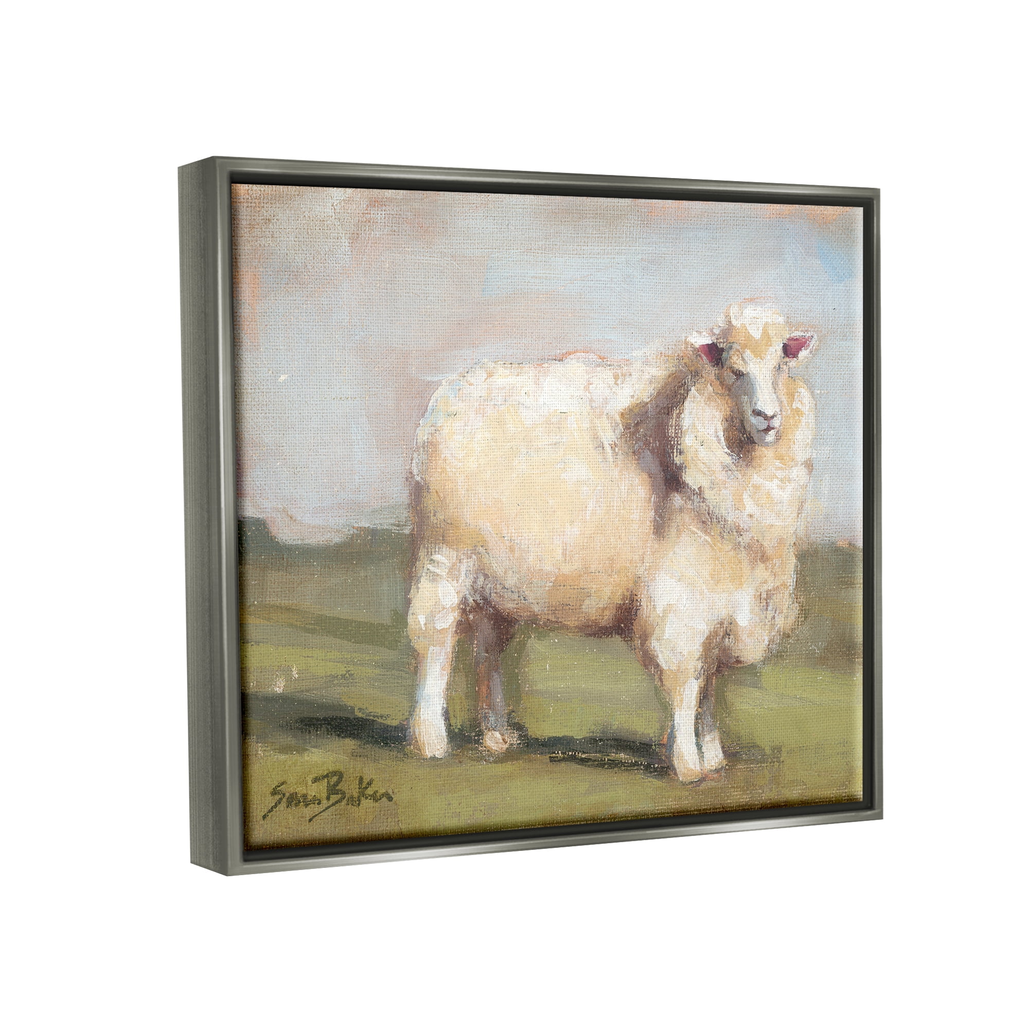 Stupell Fuzzy Sheep Country Landscape Animals & Insects Painting Gray Floater Framed Art Print Wall Art