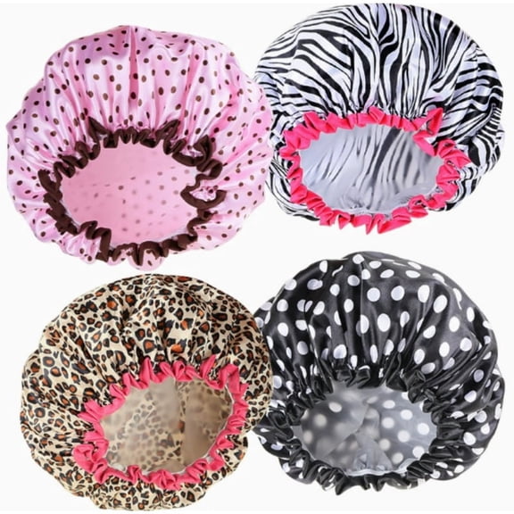Reusable Waterproof Shower Caps 4 Pieces, Double Layer Hair Protection Cap with Elastic Edge for Women