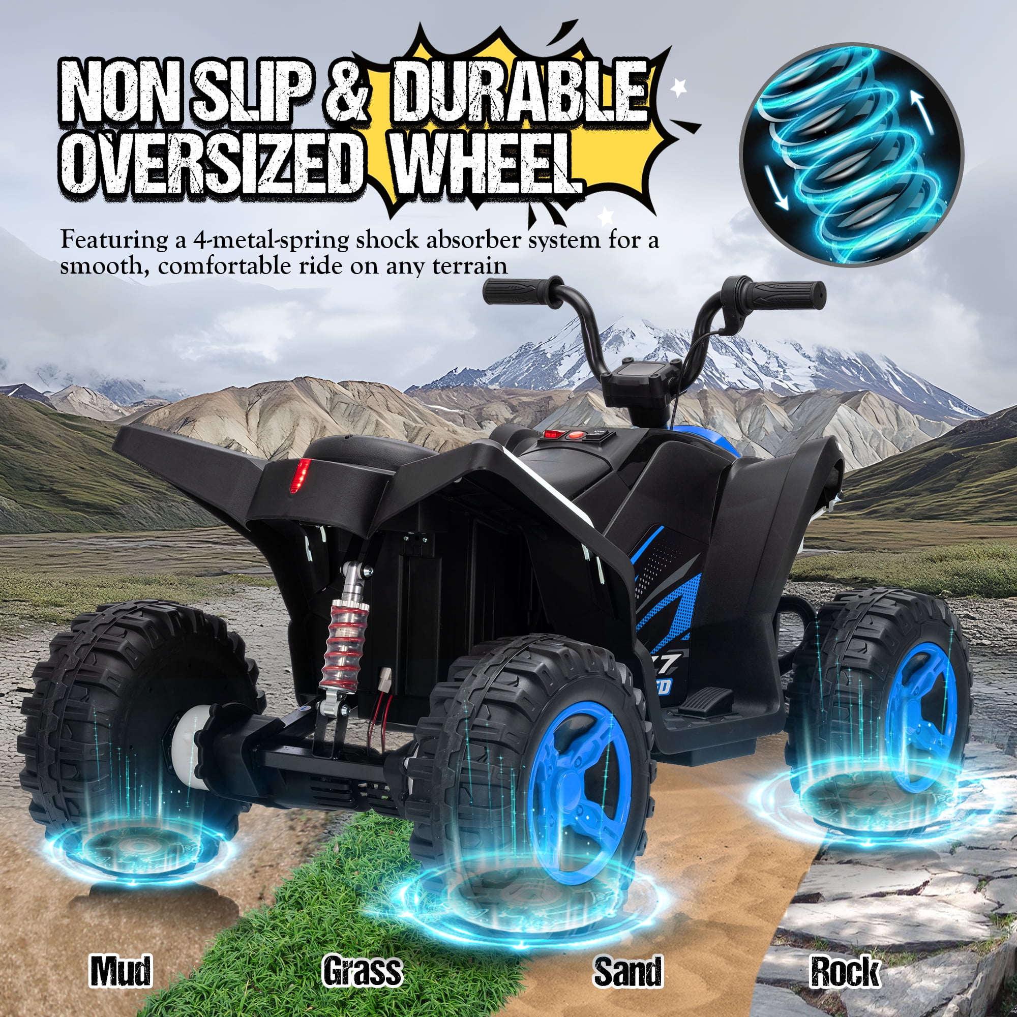 Kids ATV 4 Wheeler, Two Seater 24V Ride On Toy for Big Kid w/Unique LED Light, Music, Wireless, Story, 24 Volt Ride on Car Electric Quad for Boys Girls, Blue