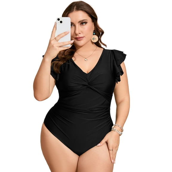Yesfashion Women's Plus Size Tummy Control Swimsuit One Piece Slimming Bathing Suit Halter Push Up V Neck Swimwear