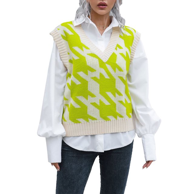 Chaleco de suéter con cuello en V, chaleco de suéter a cuadros sin mangas con cuello en V para mujer, ajuste relajado, resistente y resistente