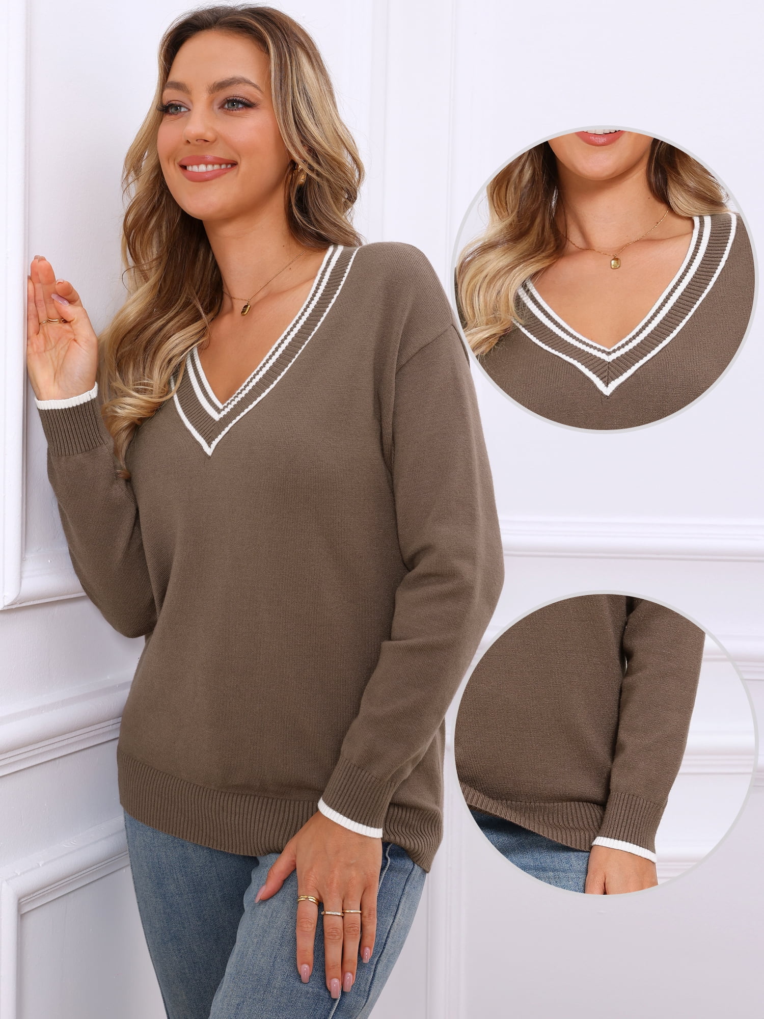 DARING DIVA V Neck Long Sleeve Knit Striped Pullover Sweater L Brown