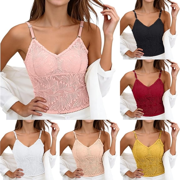 Womens Camisole Tank Tops qinhaie Women's Lace Camisole with Padded Bra, Adjustable Spaghetti Straps V Neck Crop Top, Soft Breathable Bra Pink Camisoles & Tanks