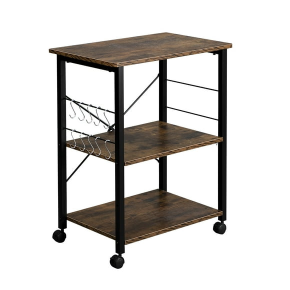UBesGoo Kitchen Utility Cart, Microwave Table Stand, Rolling Small Kitchen Coffee Cart Organizer with Metal Frame, Vintage/Black, Walnut