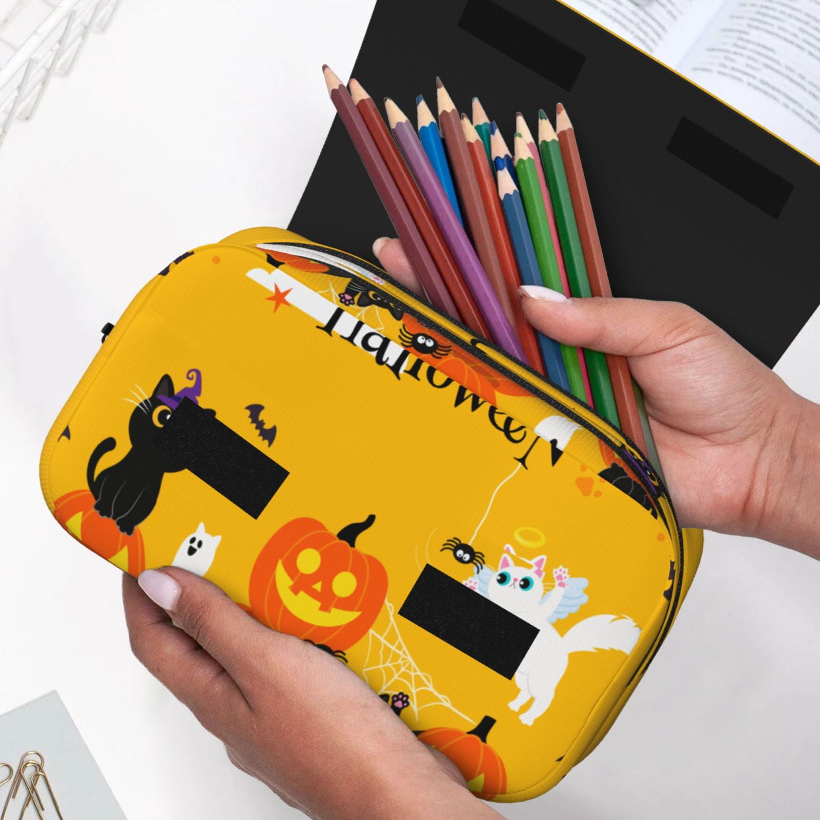Rateoe Happy Halloween1 Pattern Double Clamshell Pen Case, Storage Organizer with Two Zipper Compartments– Holds Up to 50 Pencils & Pens