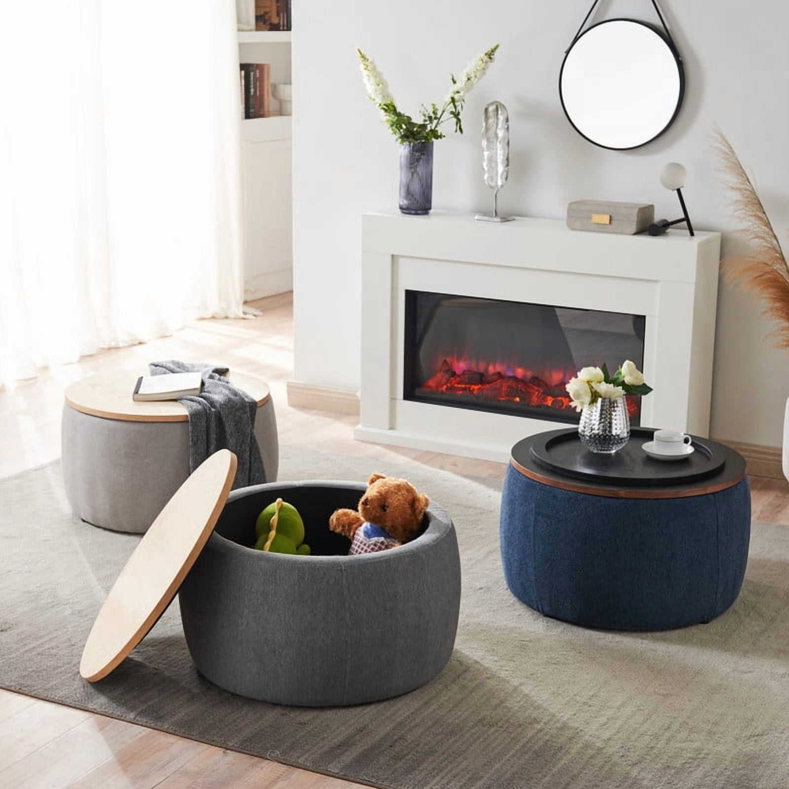 Round Storage Ottoman, 25.5” Fabric Storage Foot Stool with Removable Lid, 2-in-1 Ottoman Coffee Table & Seat, Hidden Storage Cube for Living Room, Bedroom, Entryway,Deep Gray