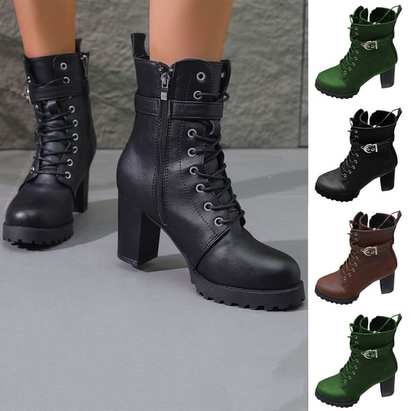Lovzfmll Women's Boots, Chunky Block High Heel Belt Buckle Lace Up Ankle Boots, Plus Size Casual Comfort Fall Winter Booties, 5.5, Black
