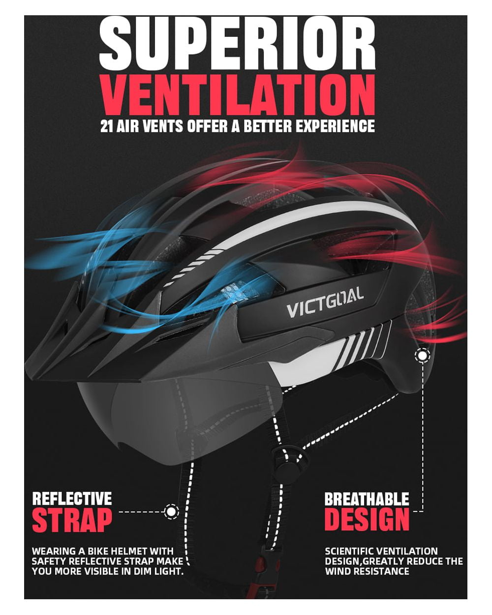 VICTGOAL Bike Helmet with Visor and Goggles USB Rechargeable Light for Adult Men Women
