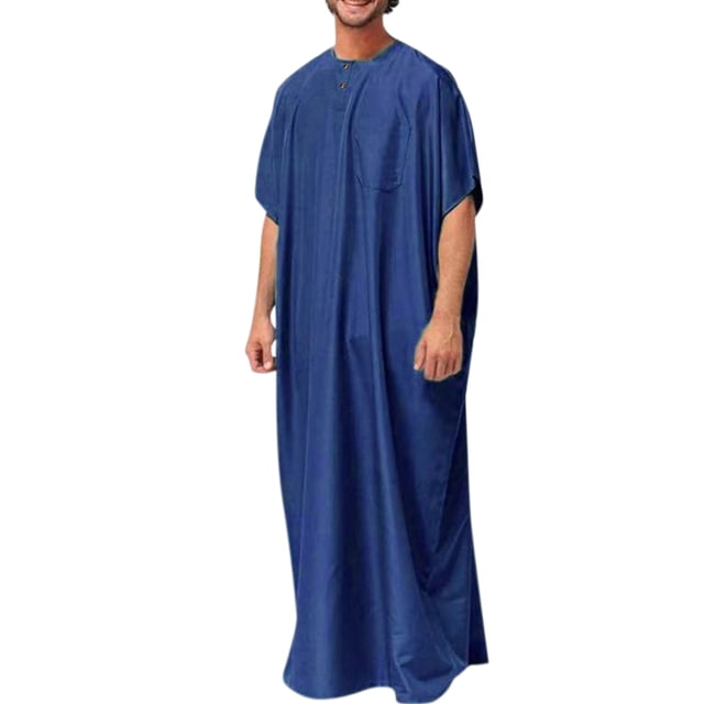 Robe Musulmane Décontractée pour Hommes Col Rond Manches Longues Bouton Poche Jubba Thobe