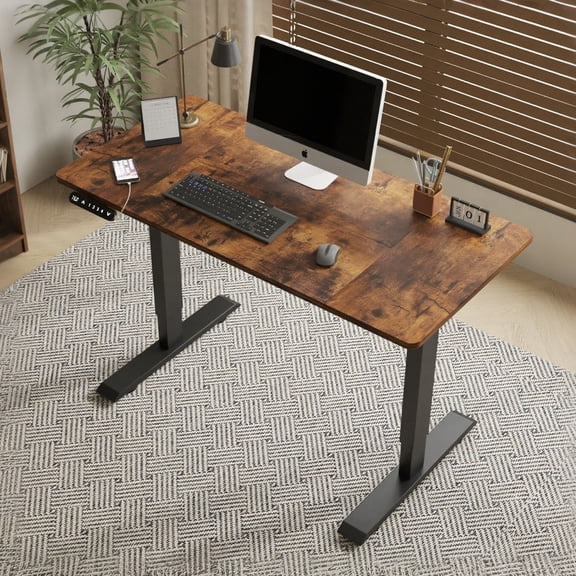 YYAo 48-inch Motorized Height Adjustable Standing Desk with Rustic Brown Lift Top for Home Office Computer Gaming, Modern Ergonomic Table