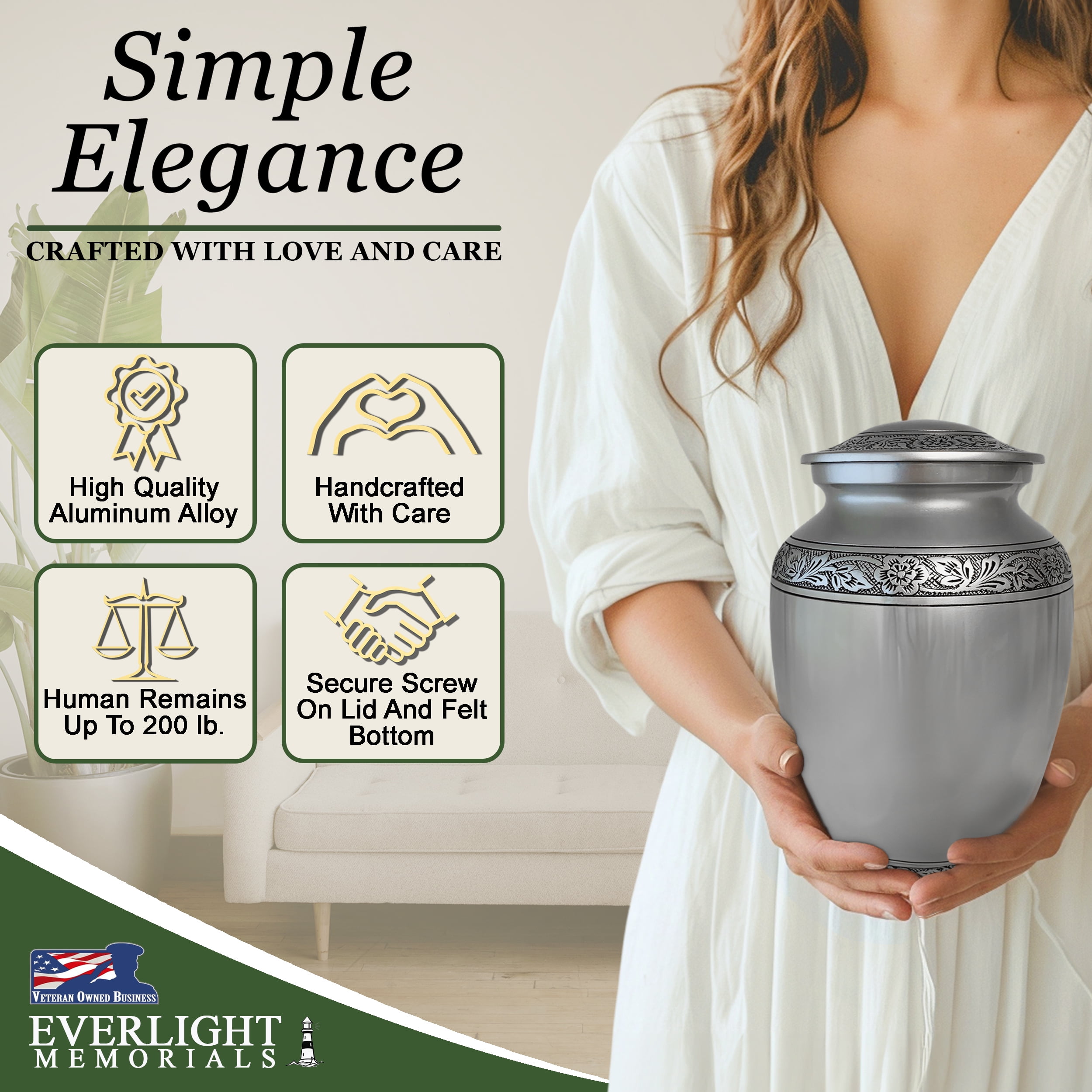 Everlight Memorials Pewter Grecian Classic Adult Large Cremation Urn for Human Ashes – With Velvet Bag