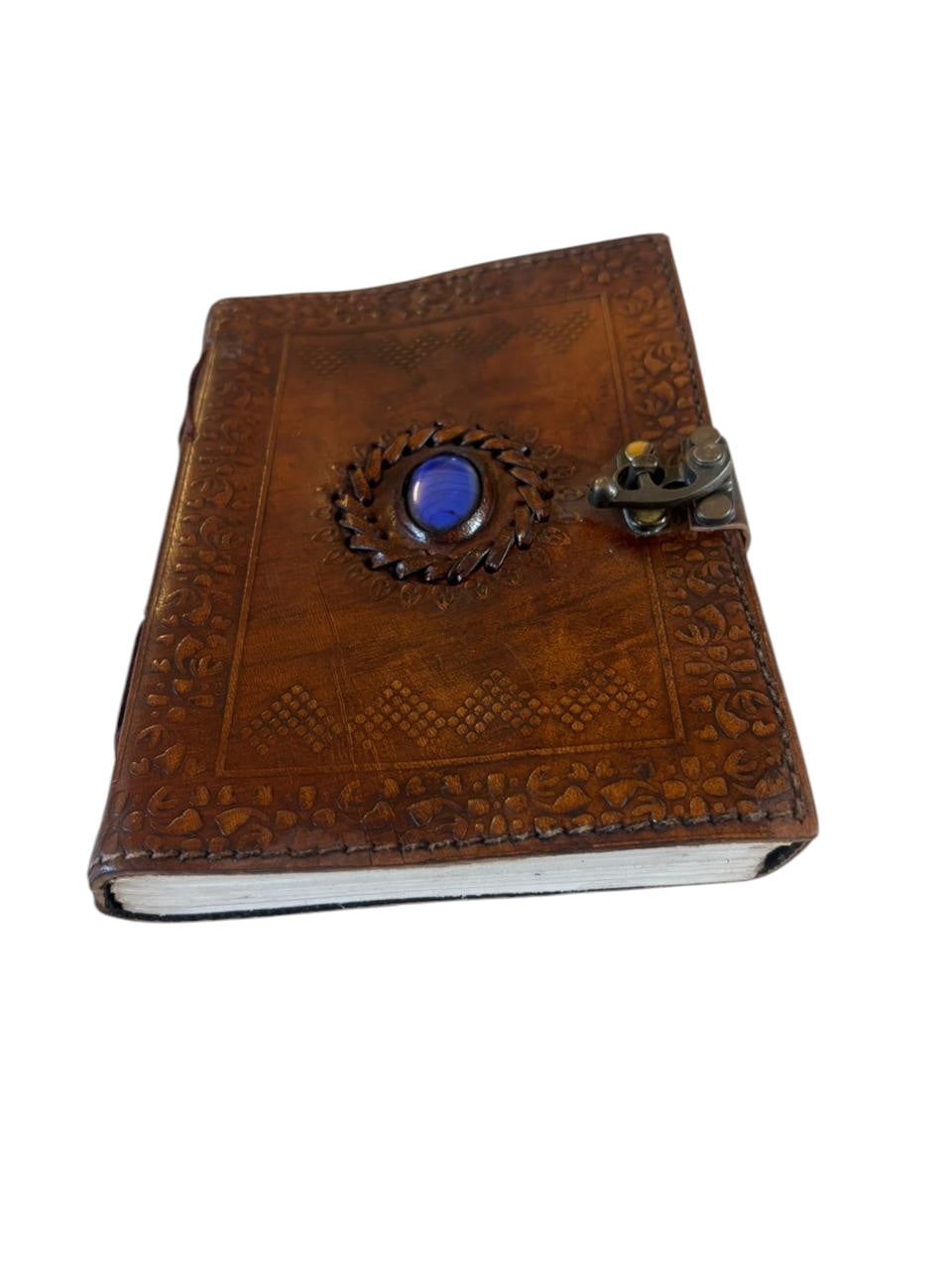Handmade Leather Journal with Lock & Stone – 5x7 Inch Vintage Diary, 200 Deckle Edge Pages, Rustic Writing Notebook