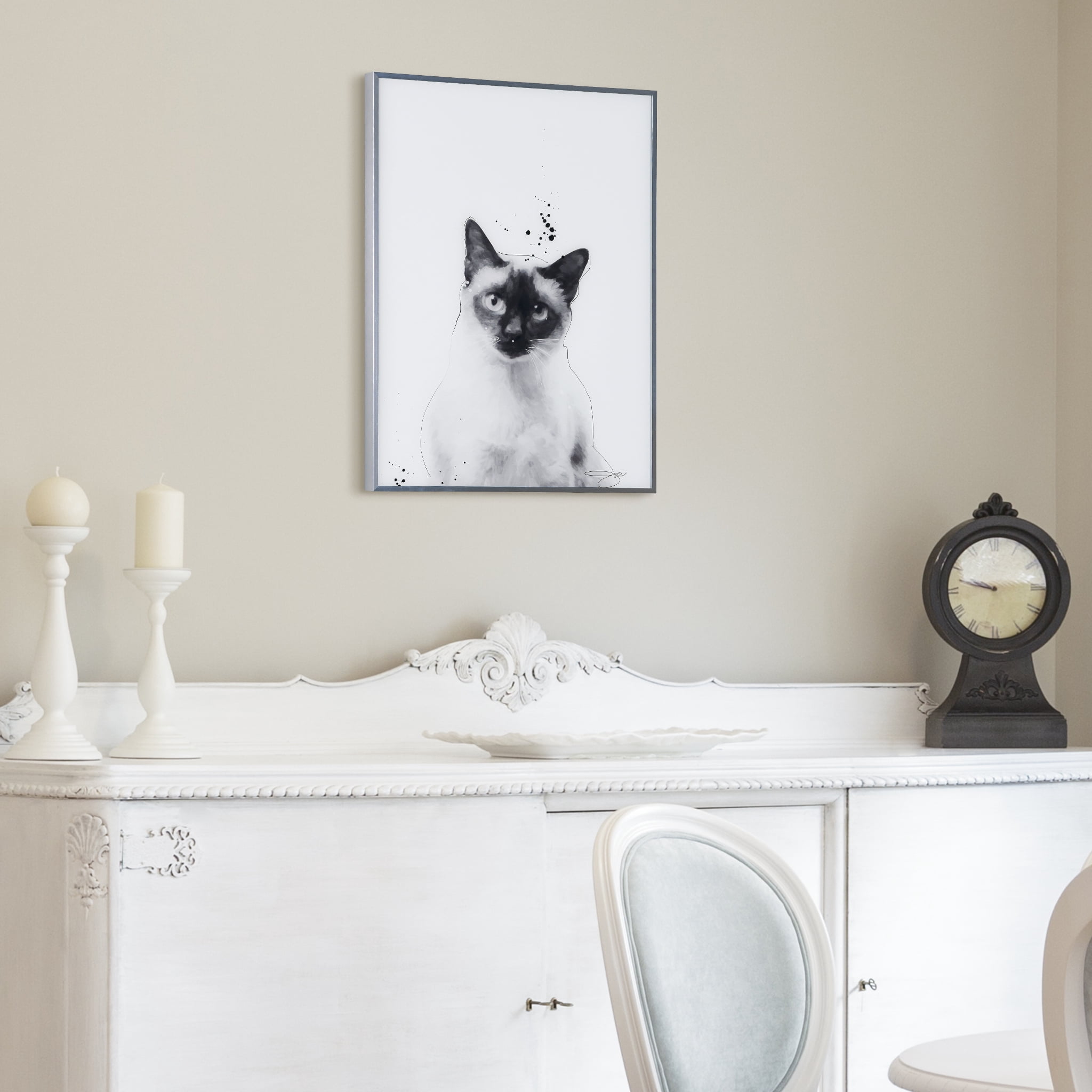 Empire Art Direct Siamese Black and White Pet Paintings on Reverse Printed Glass Framed Cat Wall Art, 24" x 18" x 1", Ready to Hang