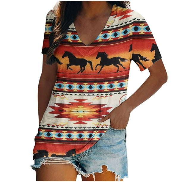 Tops de impresión de manga corta de ocio con cuello en V de moda para mujer Fridja bn7050
