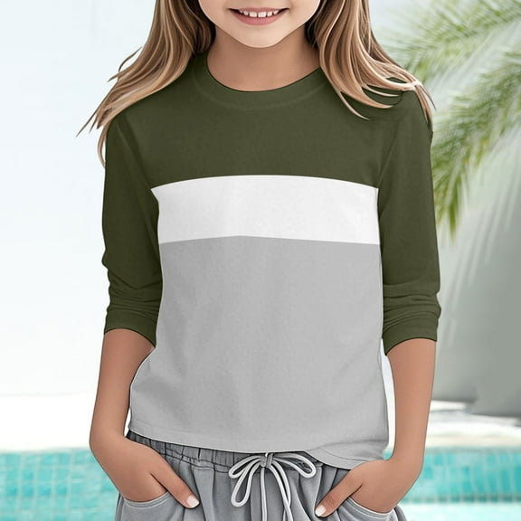 ZHOGXU Big Kids Girls Tee Long Sleeve Round Neck Color Block Soft Comfortable Casual Top For Everyday Wear Army Green 3-4 Years