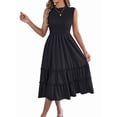 thumbnail image 3 of Women'S Ruffle Trim Flutter Sleeve Midi Dress Pleated Crew Neck Tiered Smocked Flowy Dresses Black L, 3 of 9
