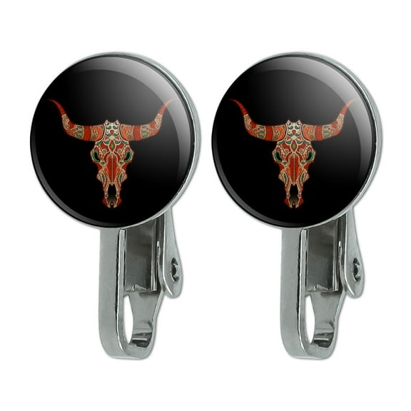 Bull Skull Day Of The Dead Novelty Clip-On Stud Earrings