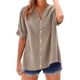 thumbnail image 5 of tasrioml Women Shirt V-neck Short Sleeve Buttons Placket Shirt Tops Solid Color Loose Fit Casual Blouse Daily Wear, 5 of 8