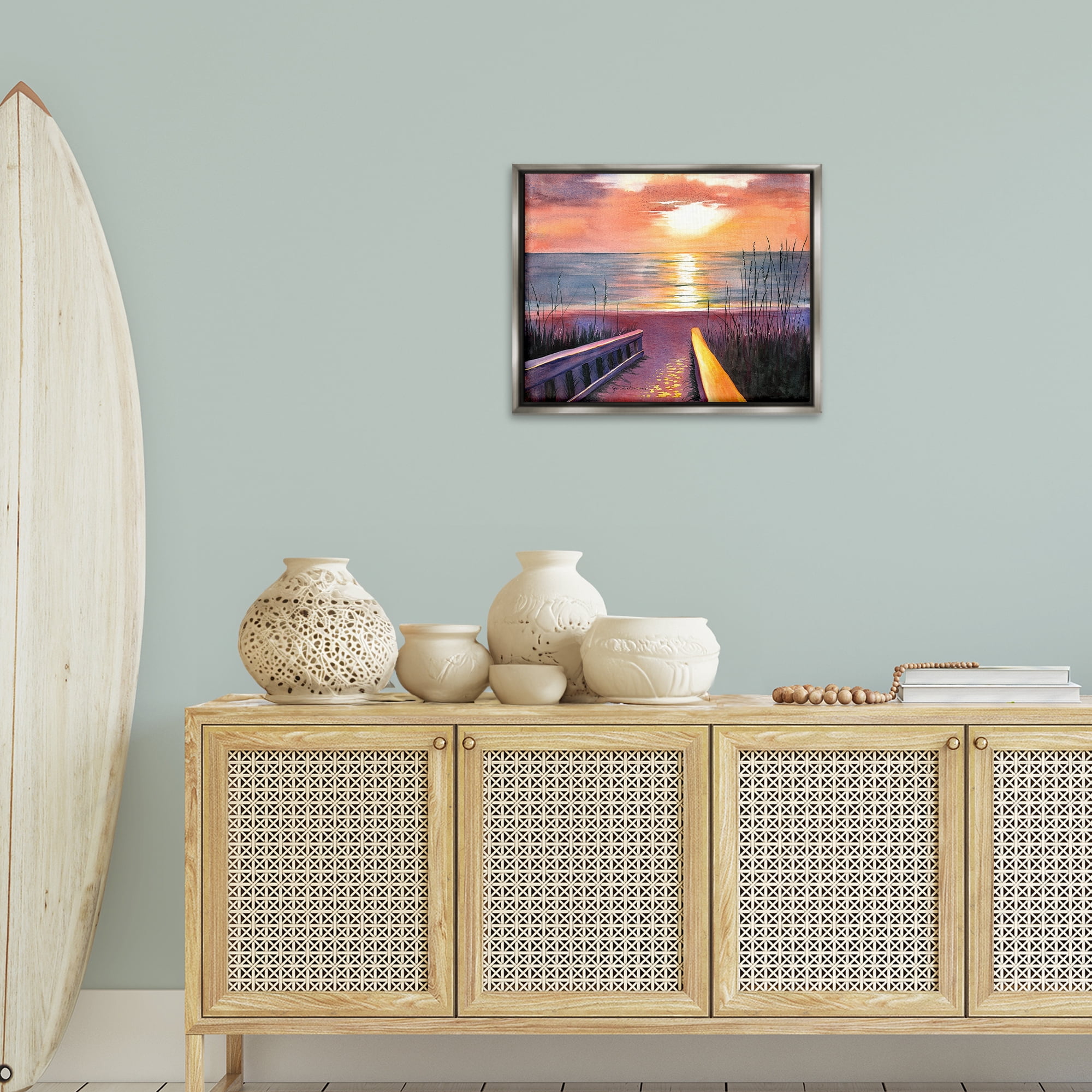 Stupell Industries Sea Sunset Reflection Landscape Painting Gray Floater Framed Canvas Art Print Wall Art, 21 x 17