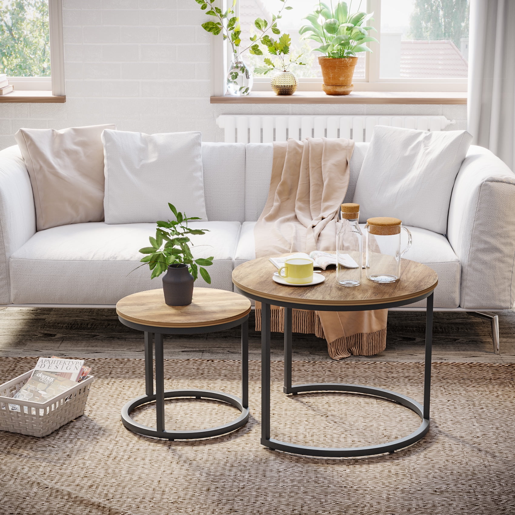 Algherohein Round Nesting Coffee Table Modern Set of 2 for Living Room Brown