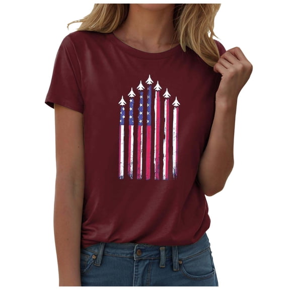 TOWED22 American Flag Shirts for Women: 4th of July T Shirt Funny USA Print Tees Patriotic Casual Short Sleeve Tops(Wine,S)