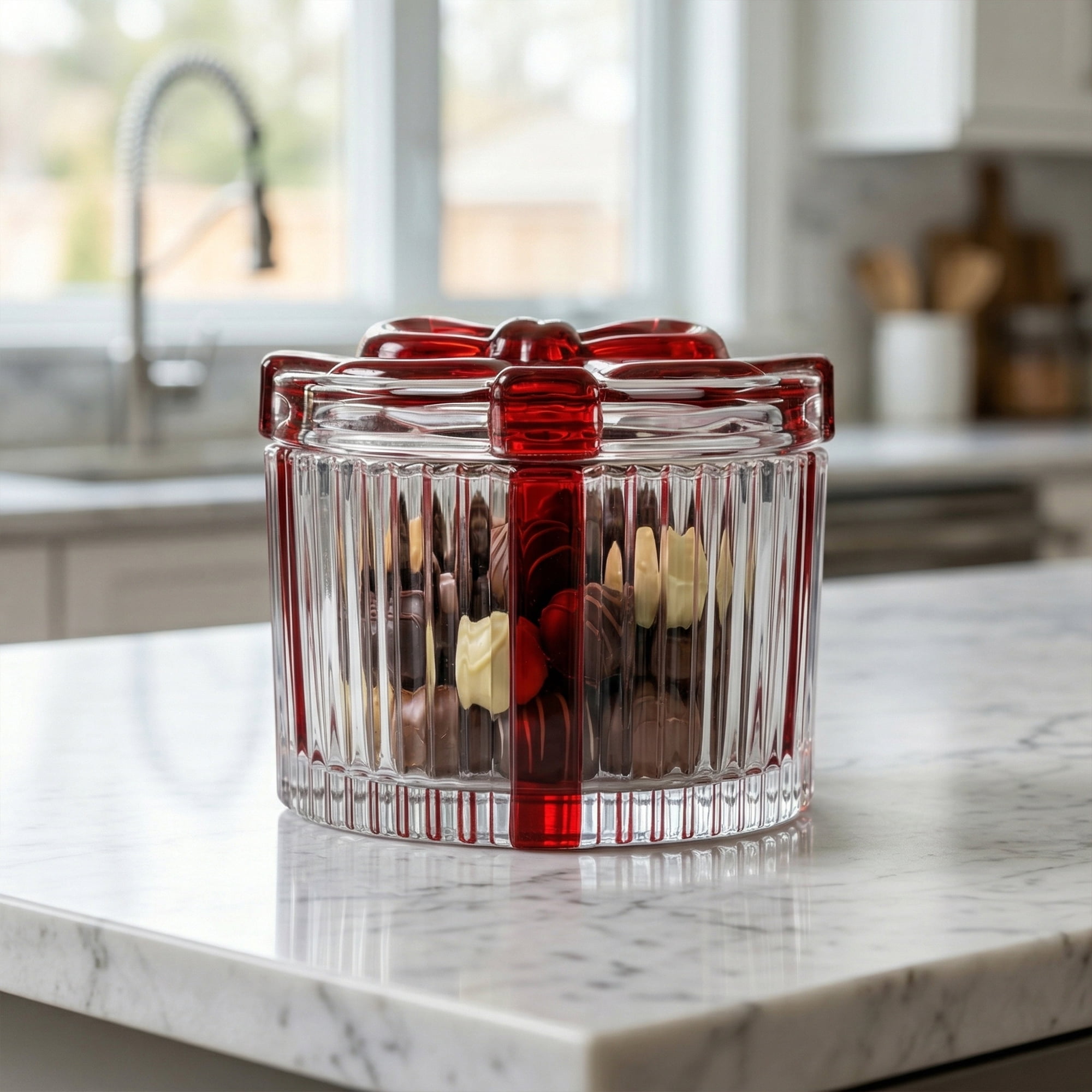Unique Bargains 6.1oz/180ml Ribbed Glass Candy Jar Clear Round 3.1"L x 3.1"W x 2.6"H