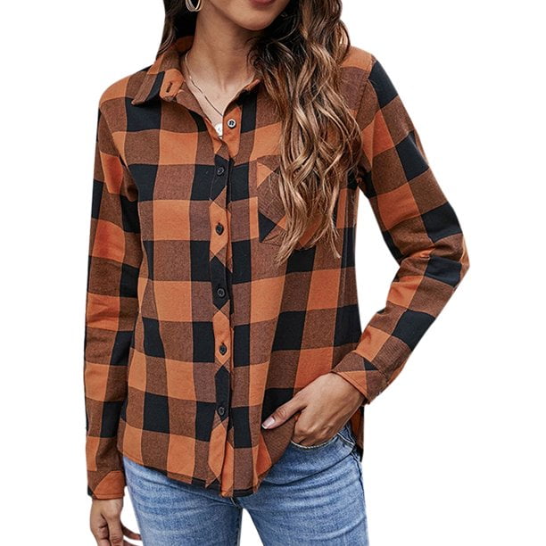 womens orange and white plaid shirt