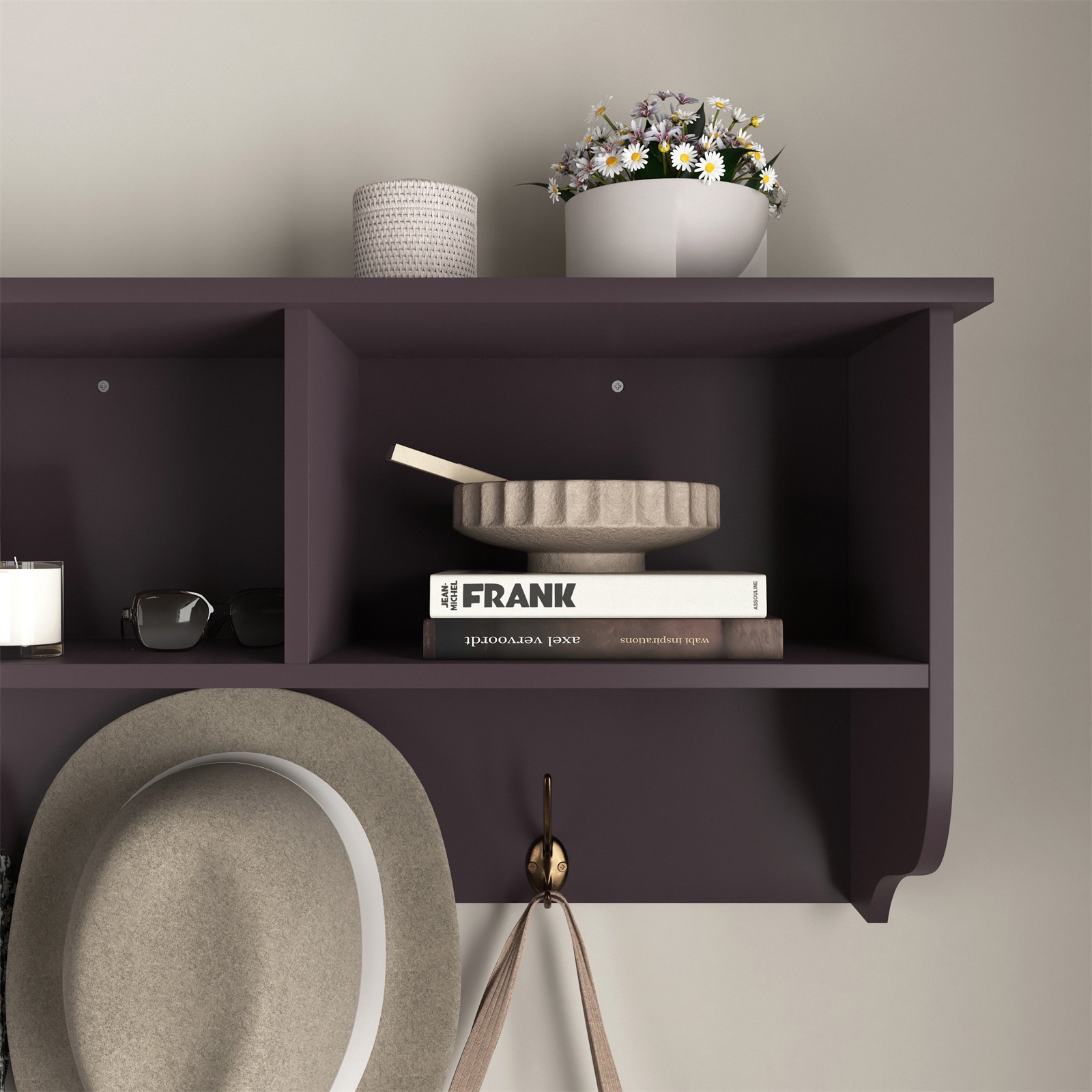 Hommoo Wall-Mounted Storage Cabinet, Hanging Entryway Shelf Coat Rack, 3 Open Shelves& 4 Dual Hooks, Espresso