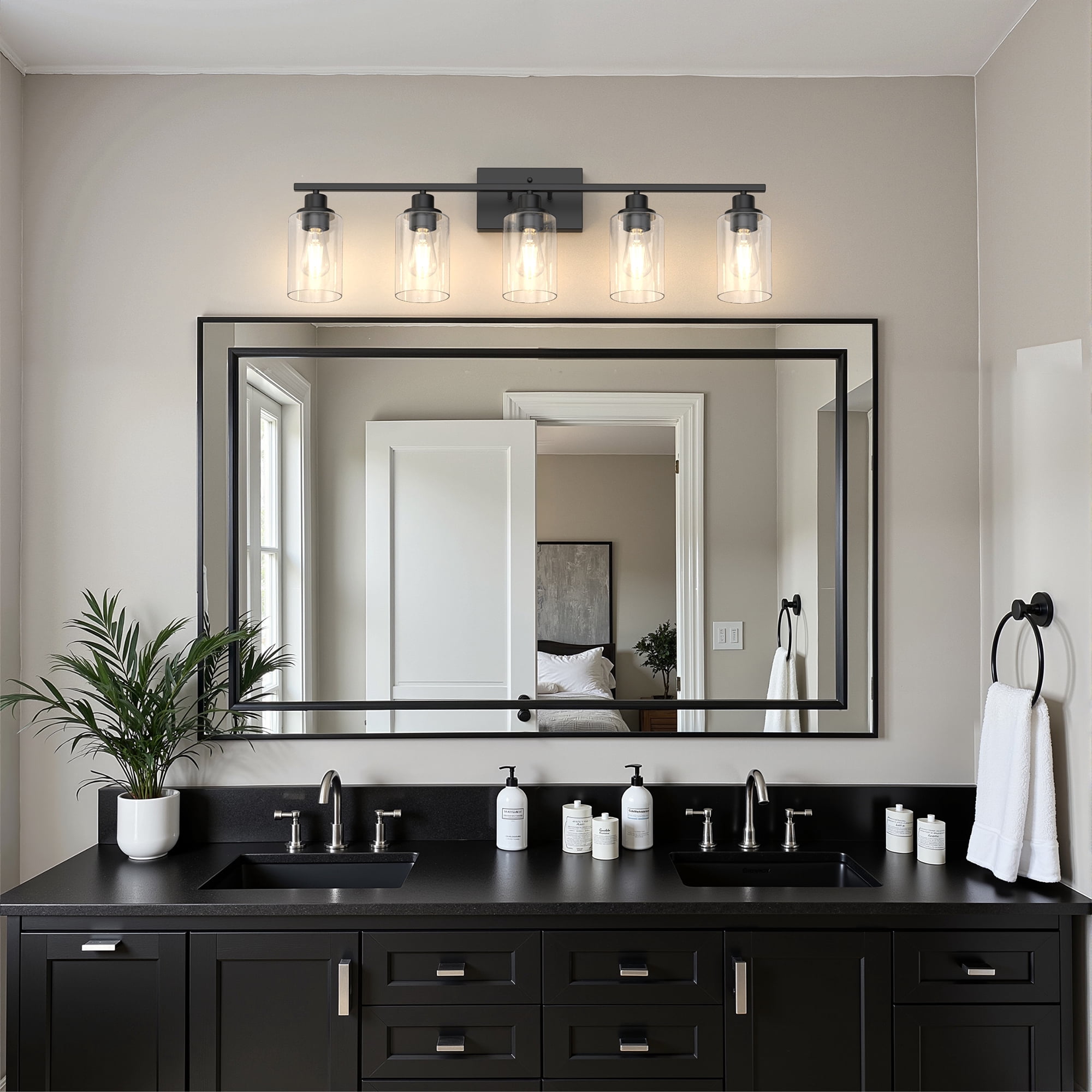 YANSUN  35.4 in 5-Light Matte Black Industrial Bathroom Vanity Light with Clear Glass Shades, Classic Wall Light Fixture for Mirror Living Room Cabinet Bedroom Porch