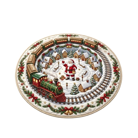 Christmas 3D Optical Illusion Rug, Christmas Santa Train Track Round Area Rug, Indoor Christmas Decor