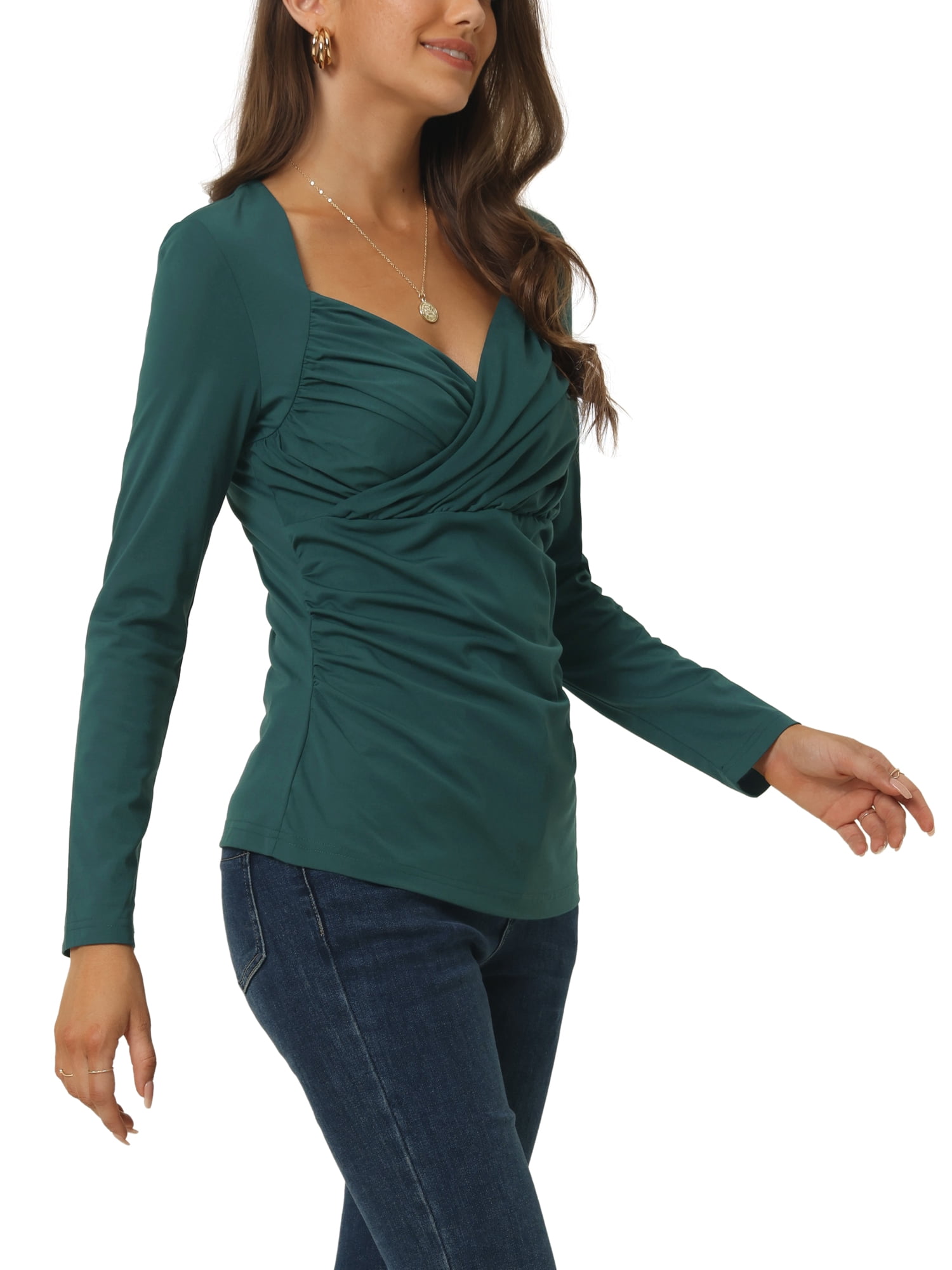 Unique Bargains Women's Wrap Sweetheart Long Sleeve Blouse Casual Tops Green L