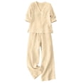 thumbnail image 3 of Womens Summer Casual Two Piece Sets V Neck Long Sleeve Tops Wide Leg Pants Casual Travel Lounge Set Track Suits, Beach Outfits(Khaki,L), 3 of 3
