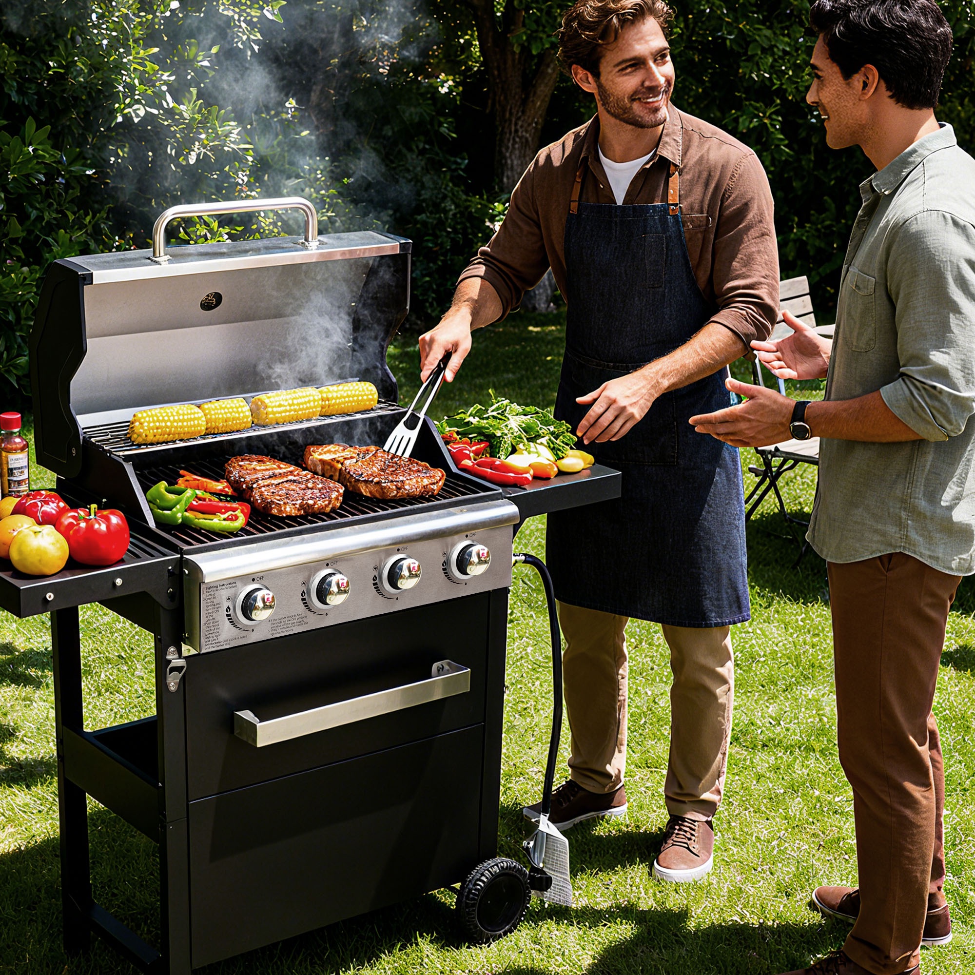 Seizeen 4-Burner Gas Grill, Propane Gas Grill with Stainless Steel Lid, Large Cooking Area, Side Shelves & Storage Cabinet, Portable Outdoor BBQ Grill
