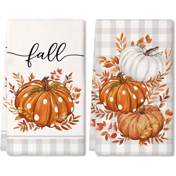 Fall Kitchen Towels Set of 2,Orange Pumpkin Grey Buffalo Check Autumn Dish Towels 18x26 Inch Drying Dishcloth,Farmhouse Home Decoration