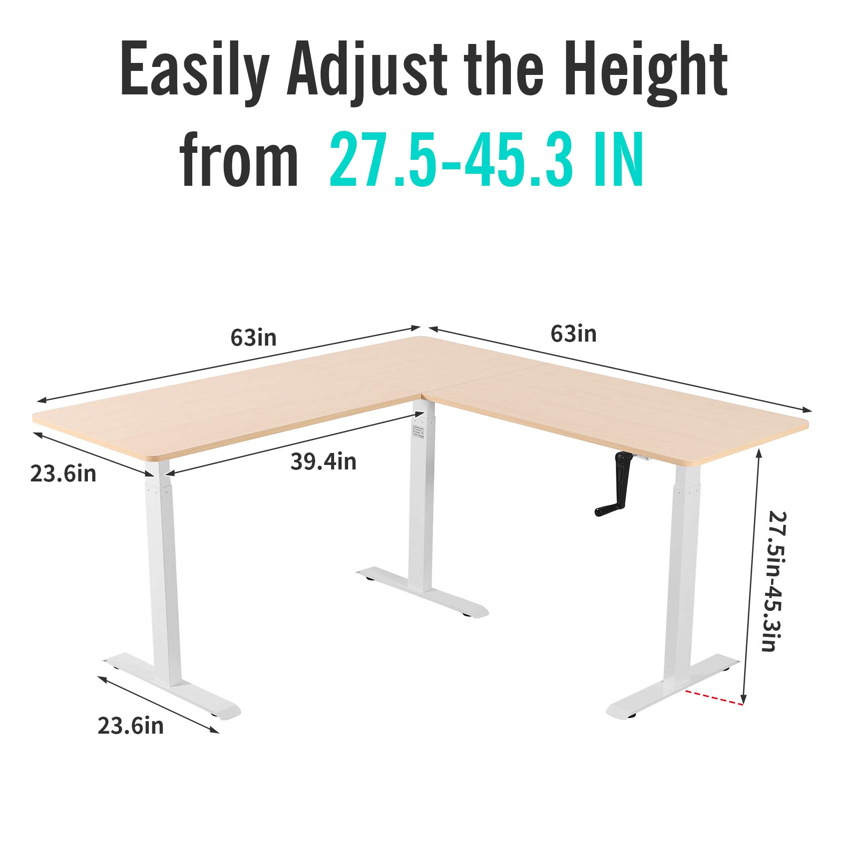 UNICOO® L Shaped Crank Height Adjustable Standing Desk, Sit to Stand up Corner Desk, L-Shaped Standing Workstation (White Frame/Light Oak Top - L Shape Crank)