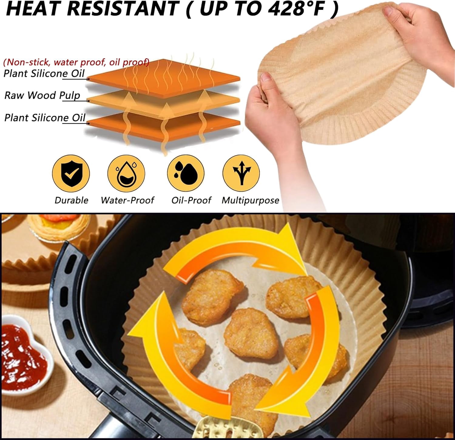 Air Fryer Paper Liners: 100PCS Round Air Fryer Paper Liners Disposable, 6.3 Inch Natural Wood Pulp Baking Parchment Airfryer Paper Liners for 5-8QT Air fryer, Baking, Steamer, Roasting Microwave