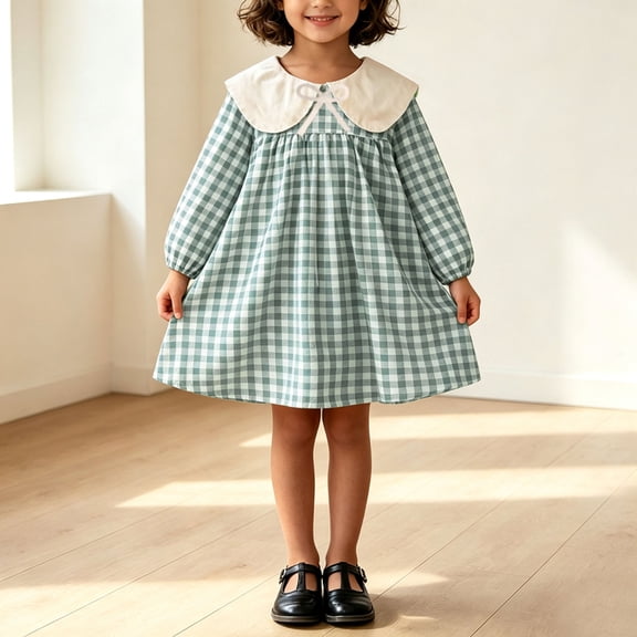 Lutiedan Toddler Girls Gingham Dress Puff Long Sleeve Peter Pan Collar Babydoll Dress Cute Casual A-Line Mini Dress Size 1-8,Sky Blue