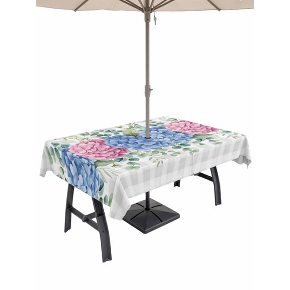 Outdoor Tablecloth with Umbrella Hole for Patio/Picnic/Party/Camping, Blue Pink Hydrangea Waterproof Table Cloth Rectangle Table Cover Washable, Eucalyptus Leaves Grey Plaid (60"x 84")