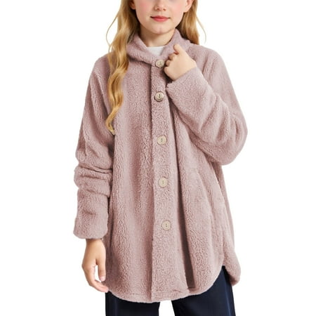 Teen Fleece Jacket for Girls Button down Long Sleeve Fuzzy Jacket Hooded Fall Jacket for Girls 13-14 Years
