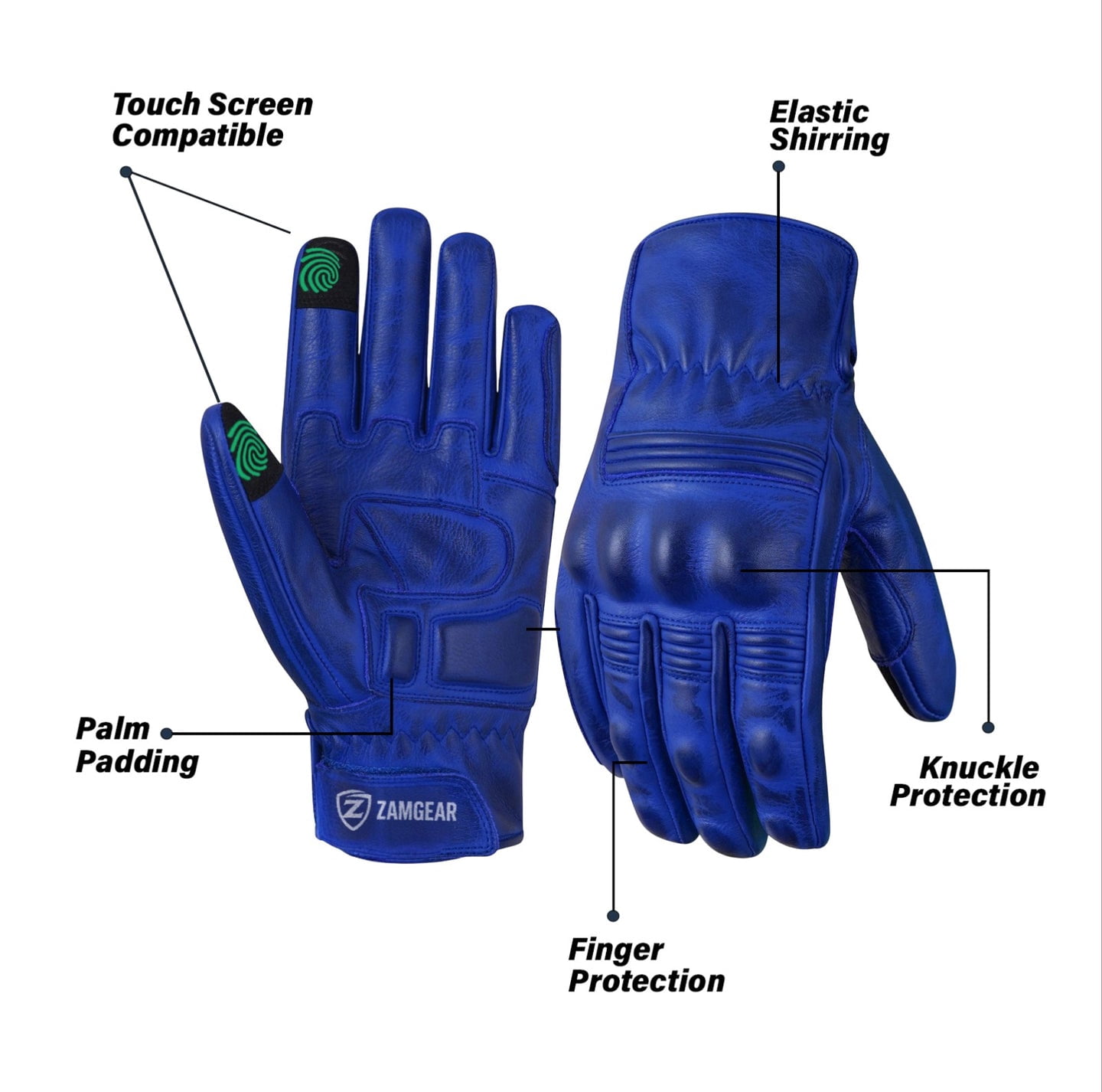 Motorcycle Leather Gloves With Reinforced Knuckles, Full Finger, Touchscreen Finger Tips, Blue ZAMGEAR