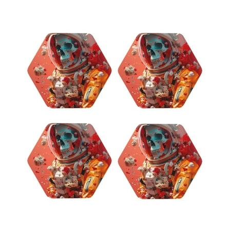 

Vsdgher Space Skeleton Art Leather Coasters for Drinks Durable Drink Coasters 4 Set for Tabletop Protection Luxurious Home Décor and Housewarming Gift-Hexagon