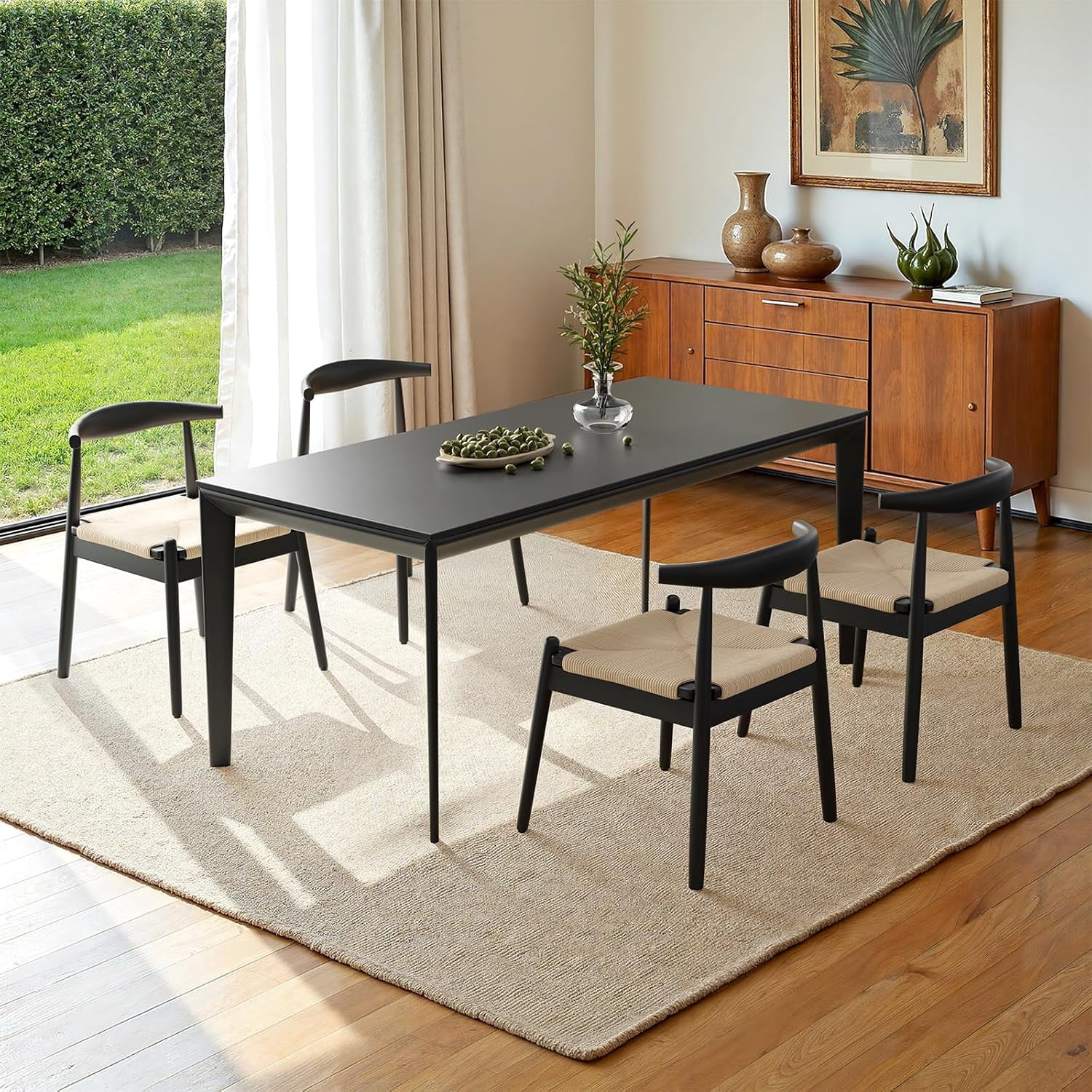 Farini Mid-Century Dining Chairs Set of 4, Solid Wood Frame & Woven Leather Seats, Black-Beige