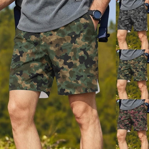 Xcmzpl Men's Casual Shorts Camo Elastic Waist Drawstring Shorts Lightweight Summer Beach Shorts Slit Hem Hiking Shorts with Pocket