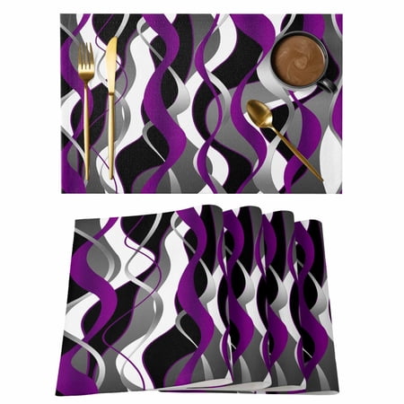Purple Wave Line Cotton Linen Placemats Set of 2, Modern Black Gray White Striped Gradient Washable Table Place Mats Heat Insulating Placemat for Dining Room Kitchen Daily Use 13 x 19 Inch