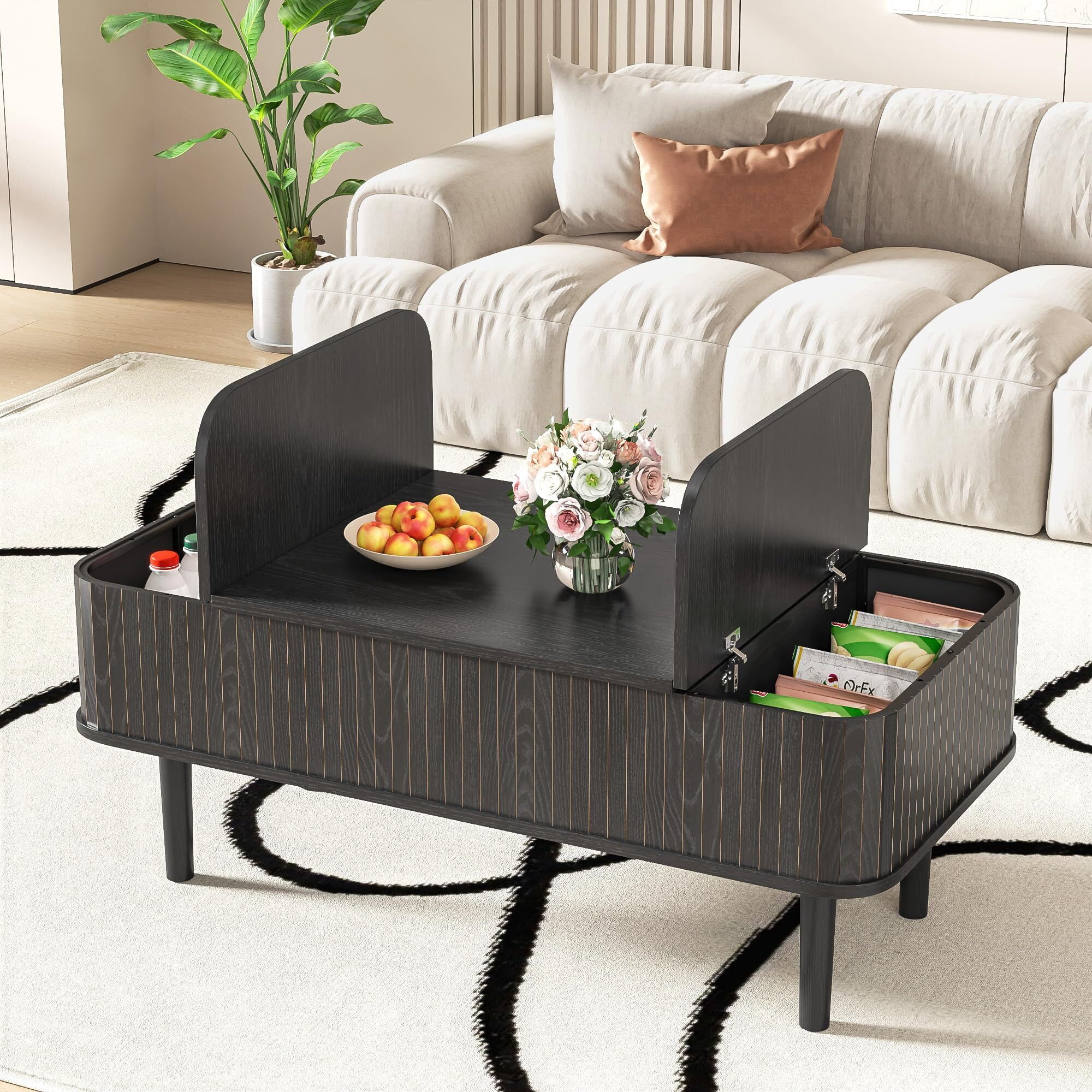 Fsbecl Mid-Century Modern Rectangle Wood Coffee Table with Storage, Black